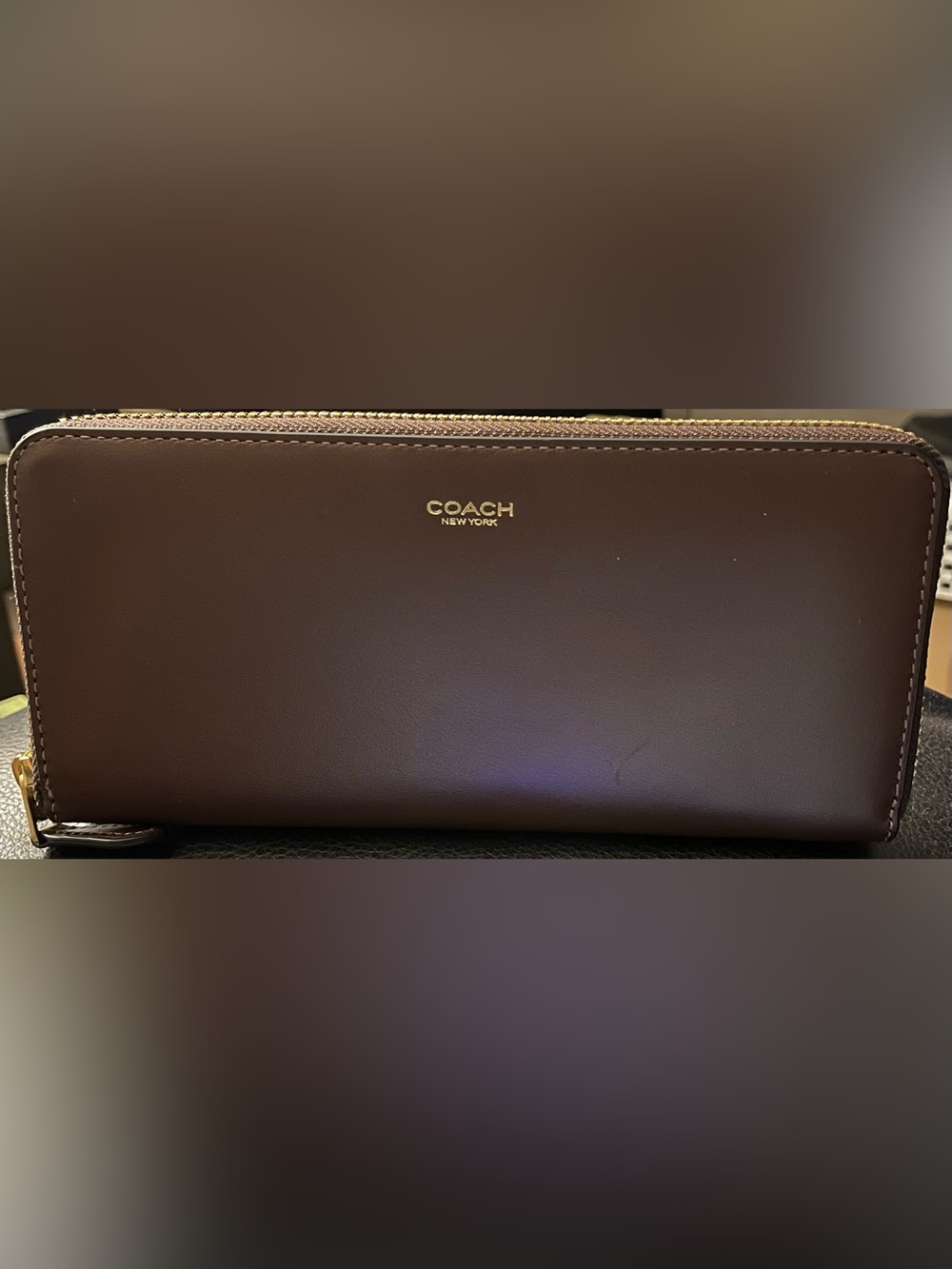 Coach Brown Zip-Around Leather Wallet with Gold Logo